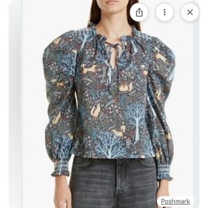 Stellah Puff Sleeve Blouse - Blue and Gray